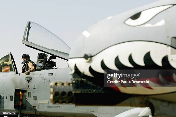 An A-10 Warthog "Flying Tigers" pilot gets ready for takeoff from an airbase in the Arabian Gulf near the Iraq border March 14, 2003 as American...