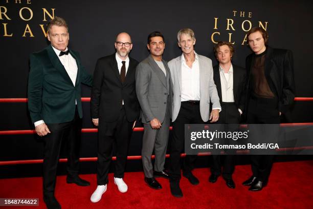 Holt McCallany, Sean Durkin, Zac Efron, Kevin Von Erich, Jeremy Allen White and Stanley Simons attend the Los Angeles Premiere Of A24's "The Iron...