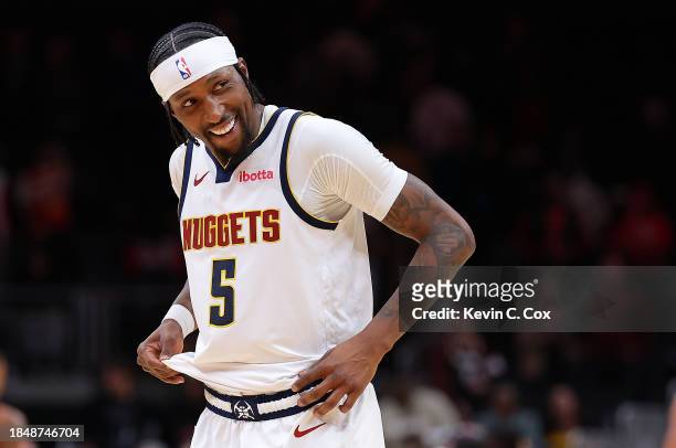 Kentavious Caldwell-Pope of the Denver Nuggets reacts in the final seconds of their 129-122 win over the Atlanta Hawks during the fourth quarter at...