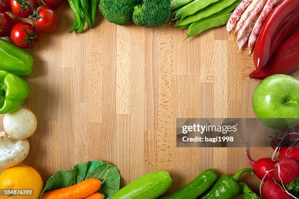 healthy organic vegetables on a wooden background - full frame vegatable stock pictures, royalty-free photos & images