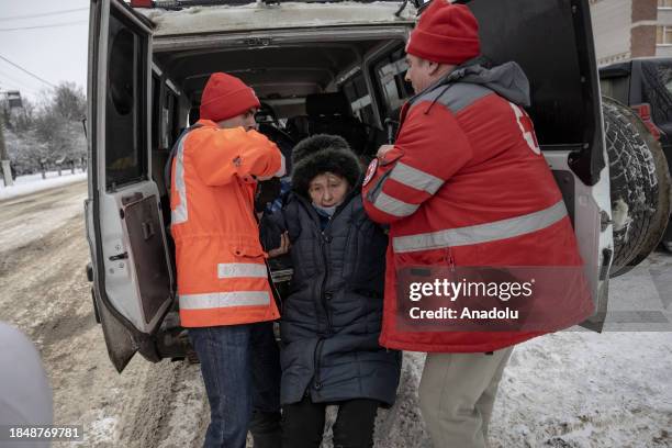 International Committee of the Red Cross teams in Ukraine evacuate 49-year-old Svetlana and her mother 77-year-old Lyudmila who has health problem,...