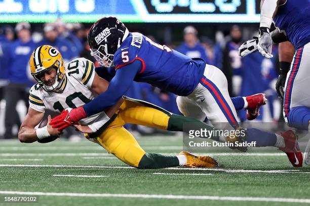 Kayvon Thibodeaux of the New York Giants sacks Jordan Love of the Green Bay Packers during the third quarter in the game at MetLife Stadium on...