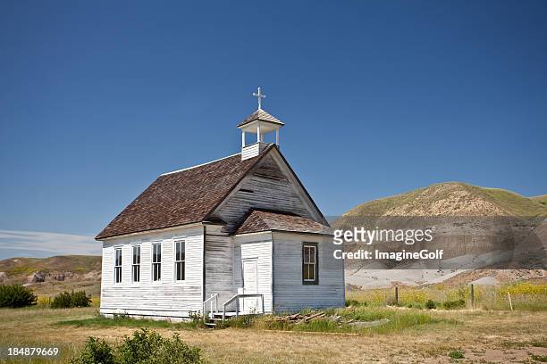 little white church in the badlands - alberta badlands stock pictures, royalty-free photos & images