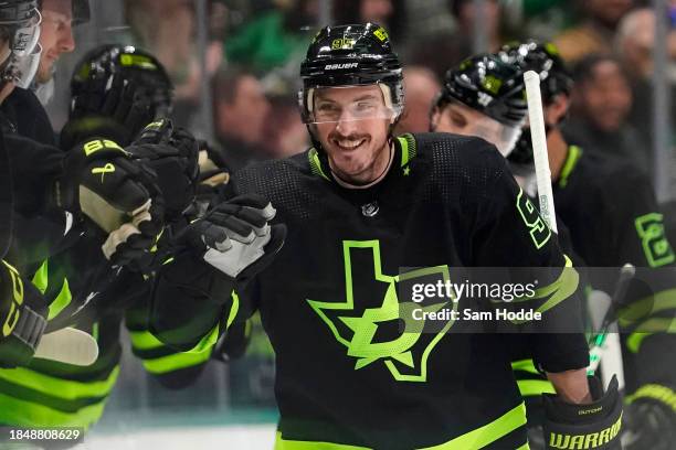 Matt Duchene of the Dallas Stars is congratulated by his bench after scoring a goal during the second period against the Detroit Red Wings at...