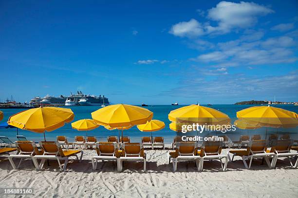 beach sun loungers and sunshades - dutch caribbean island stock pictures, royalty-free photos & images