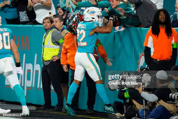 Elijah Campbell of the Miami Dolphins celebrates after recovering Eric Garror of the Tennessee Titans muffed punt in the fourth quarter at Hard Rock...