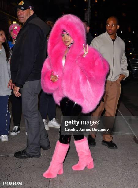 Nicki Minaj arrives at 'The Late Show With Stephen Colbert' at the Ed Sullivan Theater on December 11, 2023 in New York City.