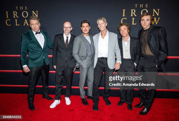 Holt McCallany, Sean Durkin, Zac Efron, Kevin Von Erich, Jeremy Allen White and Stanley Simons arrive at the Los Angeles Premiere of A24's "The Iron...