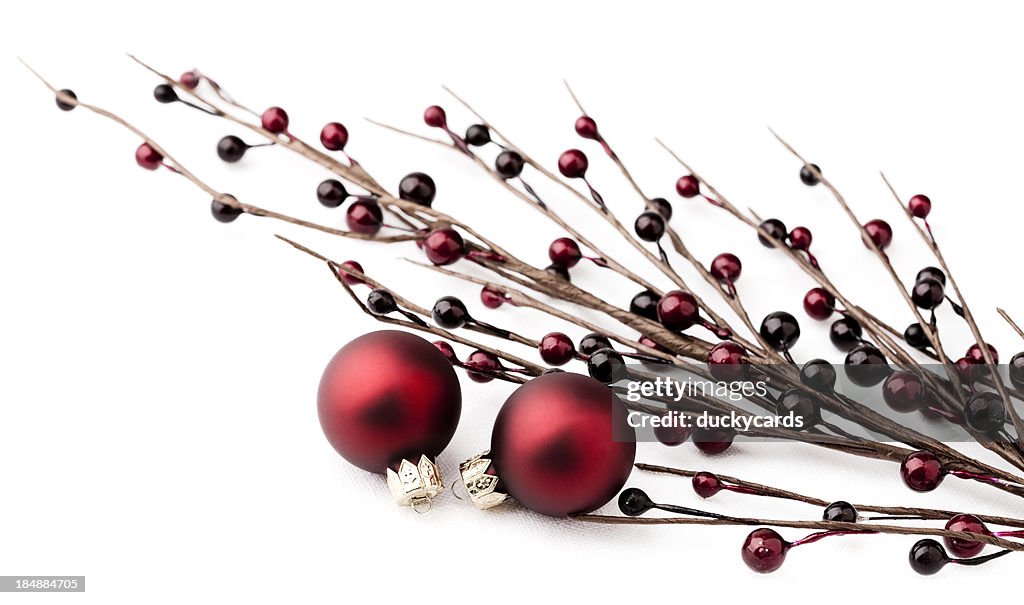 Christmas Ornaments and Berry Branch on White Background