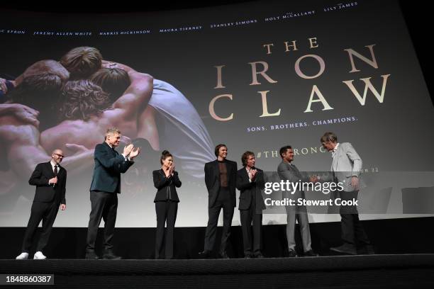Writer/Director Sean Durkin, Holt McCallany, Maura Tierney, Stanley Simons, Jeremy Allen White, Zac Efron and Kevin Von Erich attend the Los Angeles...