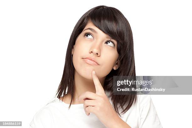 beautiful teenage girl thinking. - looking around on white background stock pictures, royalty-free photos & images