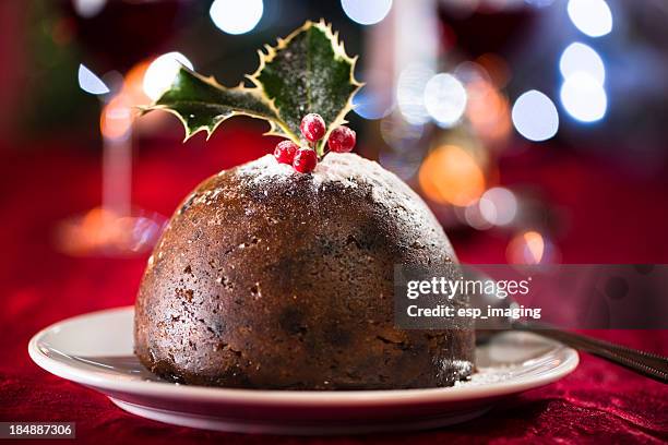 christmas pudding with out of focus highlights - christmas pudding stockfoto's en -beelden