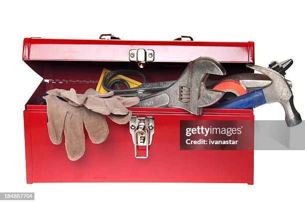 red-tool-box mit verschiedenen tools - werkzeugkasten stock-fotos und bilder