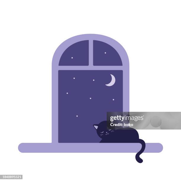 cute cat sleeping on the windowsill. - kawaii universe stock illustrations