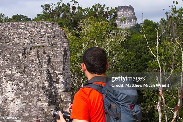 exploring the mayan ruins of the tikal temples. - tikal stock pictures, royalty-free photos & images