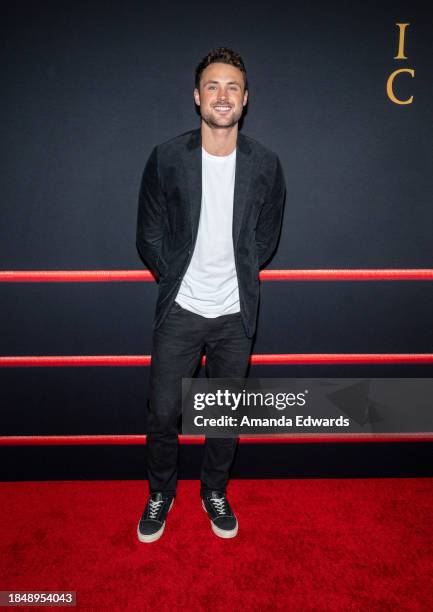 Dylan Efron arrives at the Los Angeles Premiere of A24's "The Iron Claw" at the DGA Theater Complex on December 11, 2023 in Los Angeles, California.