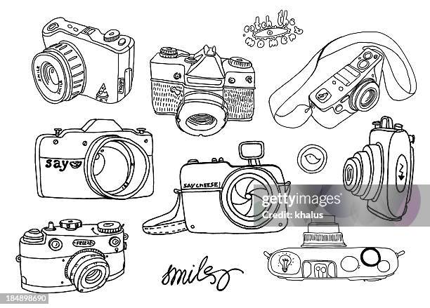 photo camera set - camera flash white background stock illustrations
