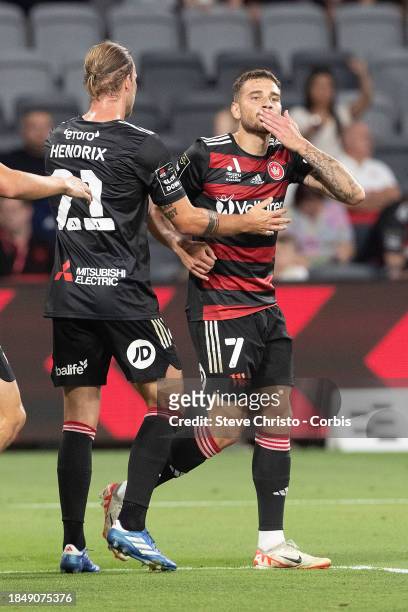 Dylan Pierias of the Wanderers celebrates after he scores a goal during the A-League Men round eight match between Western Sydney Wanderers and...