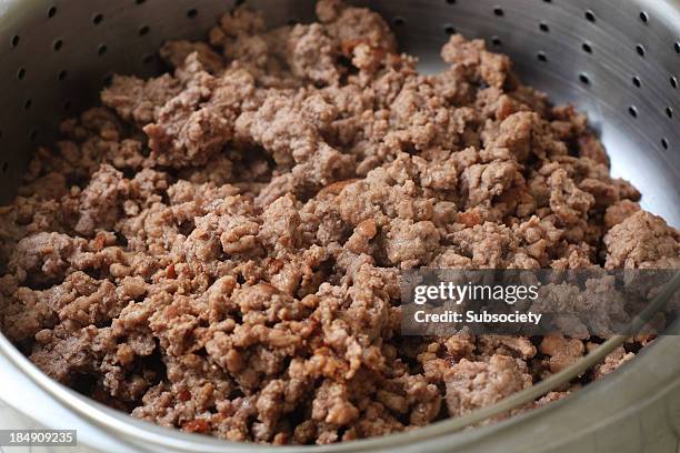ground beef draining - beef sausage stock pictures, royalty-free photos & images