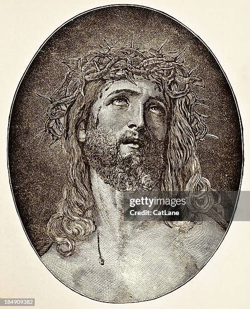 portrait of christ - victorian steel engraving - looking up stock illustrations