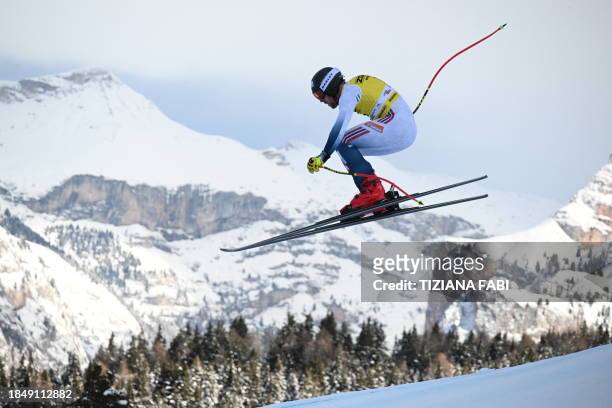 Norwegian Aleksander Aamodt Kilde competes in the men's Super G, during the FIS Alpine Ski World Cup in Val Gardena on December 15, 2023.