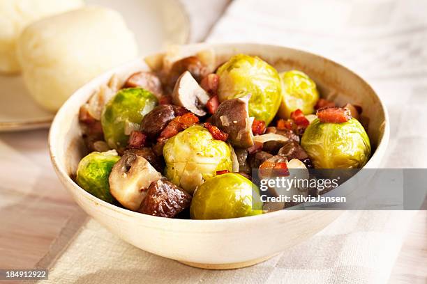 brussels sprouts, sweet chestnuts and mushroom lunch - white mushroom stock pictures, royalty-free photos & images