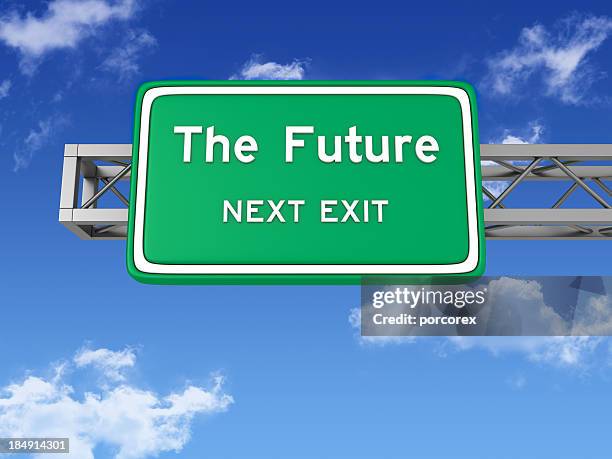 road sign mit der zukunft und sky - ausgangsschild stock-fotos und bilder