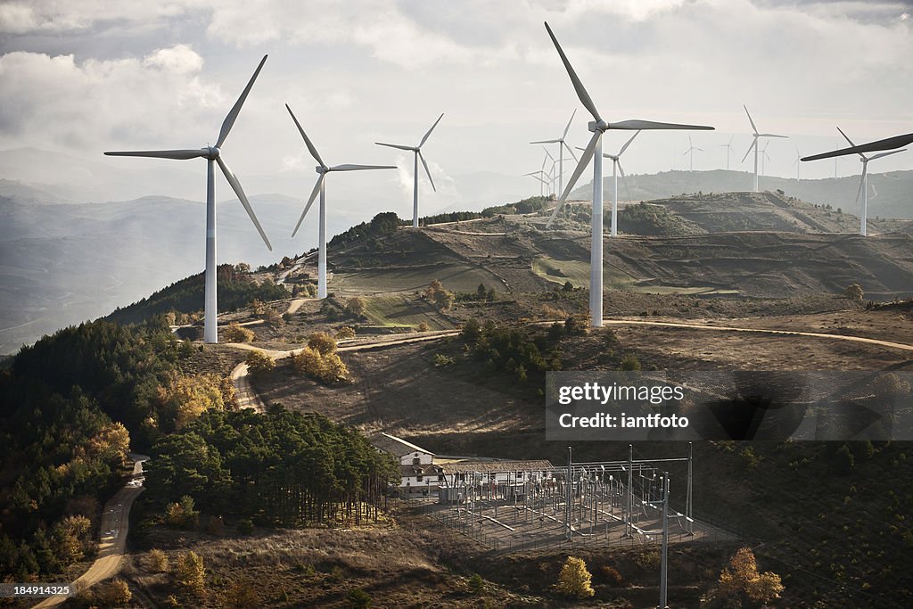 Wind farm and electrical substation.