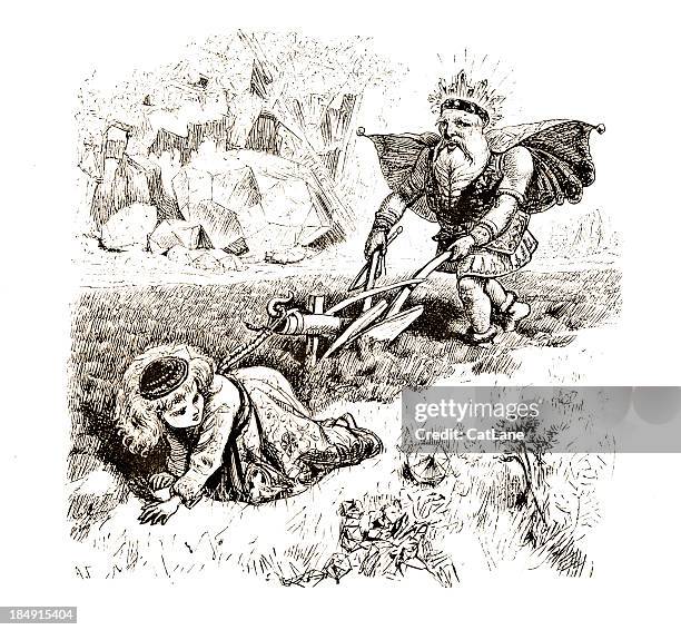 king ploughing field - victorian steel engraving - forced child labor stock illustrations