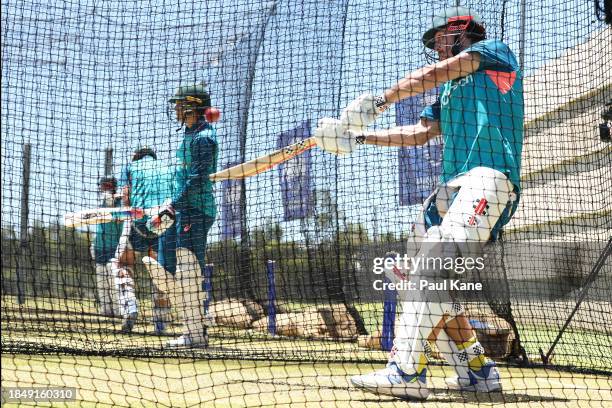 Mitch Marsh bats during an Australian nets session at Optus Stadium on December 12, 2023 in Perth, Australia.