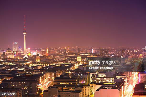 berlin by night skyline, aerial view - berlin aerial stock pictures, royalty-free photos & images