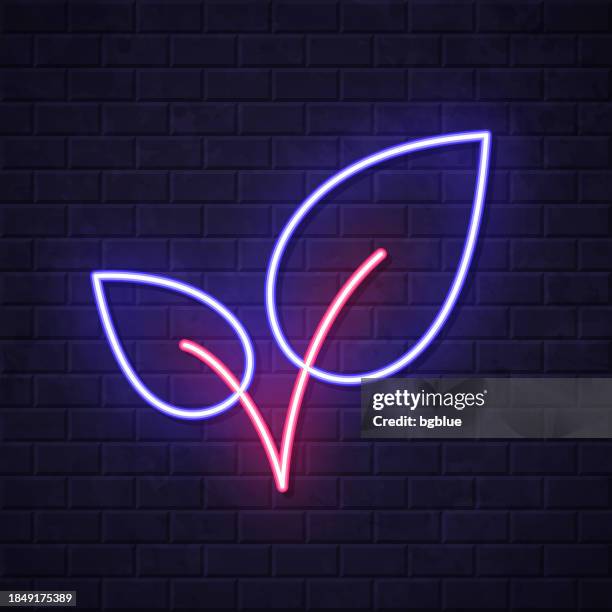 leaves. glowing neon icon on brick wall background - purple sprouting stock illustrations