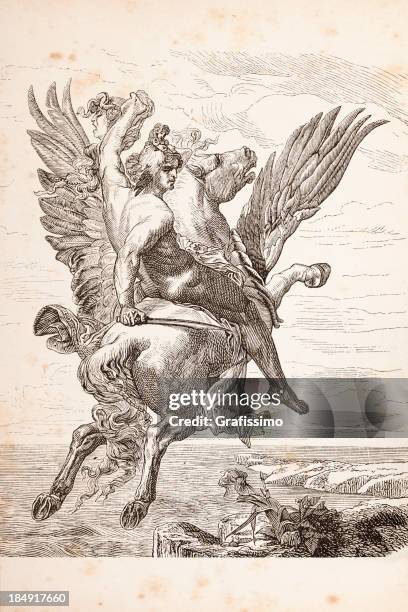 engraving of heroe perseus riding pegasus 1879 - pegasus 幅插畫檔、美工圖案、卡通及圖標