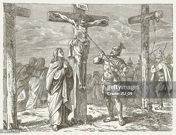 jesus' crucifixion (john, 19, 33-34), wood engraving, published in 1877 - lance stock illustrations