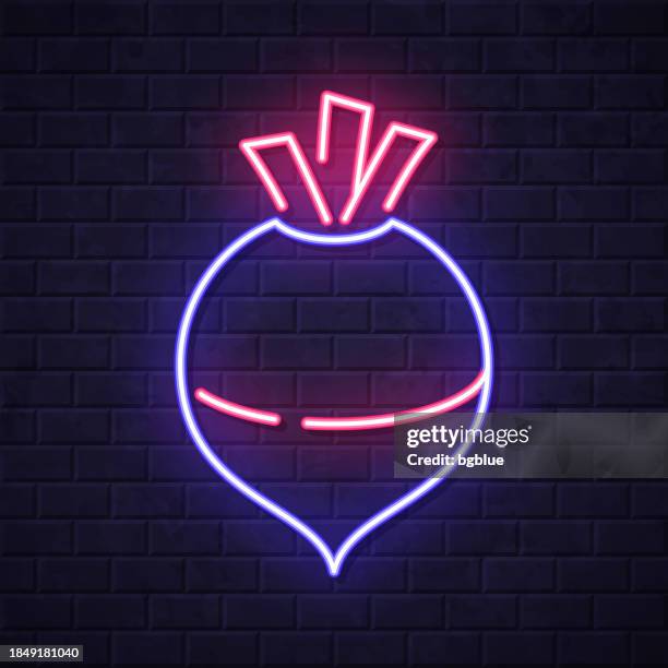 rutabaga. glowing neon icon on brick wall background - rutabaga 幅插畫檔、美工圖案、卡通及圖標