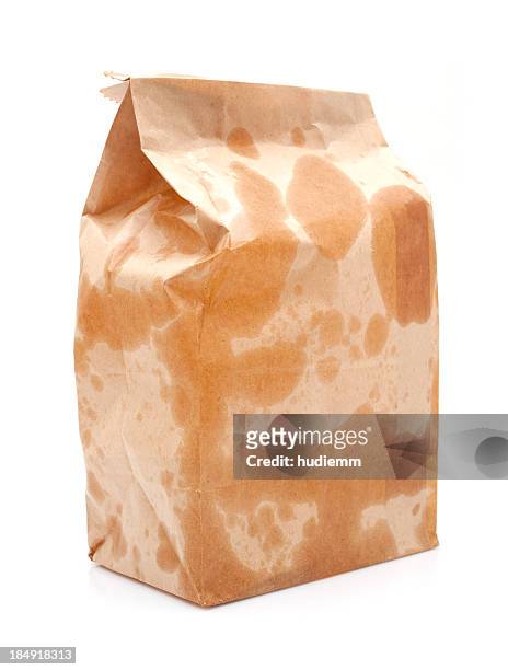 brown paper bag isolated on white background - food stains stock pictures, royalty-free photos & images