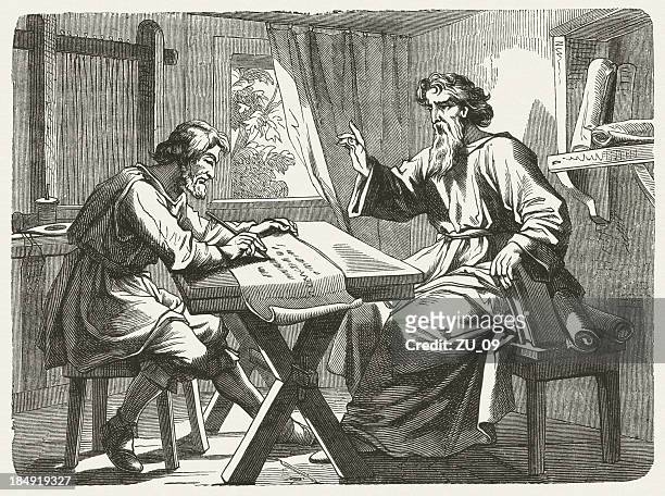 paul and tertius (romans 16, 22), wood engraving, published 1877 - new testament stock illustrations