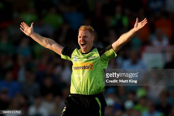 Liam Hatcher of the Thunder appeals during the BBL match between Sydney Thunder and Brisbane Heat at Manuka Oval, on December 12 in Canberra,...