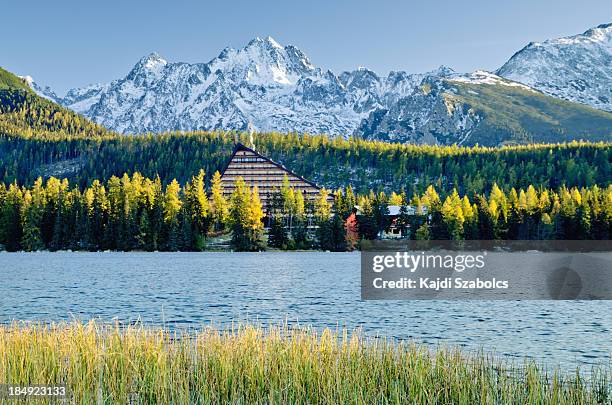 montagna lago di strbske pleso in giornata - slovacchia foto e immagini stock