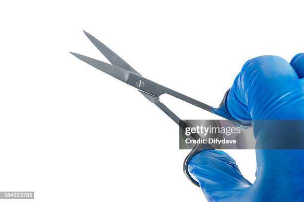 mans hand in vinyl surgical glove holding scissors - surgical scissors stock pictures, royalty-free photos & images