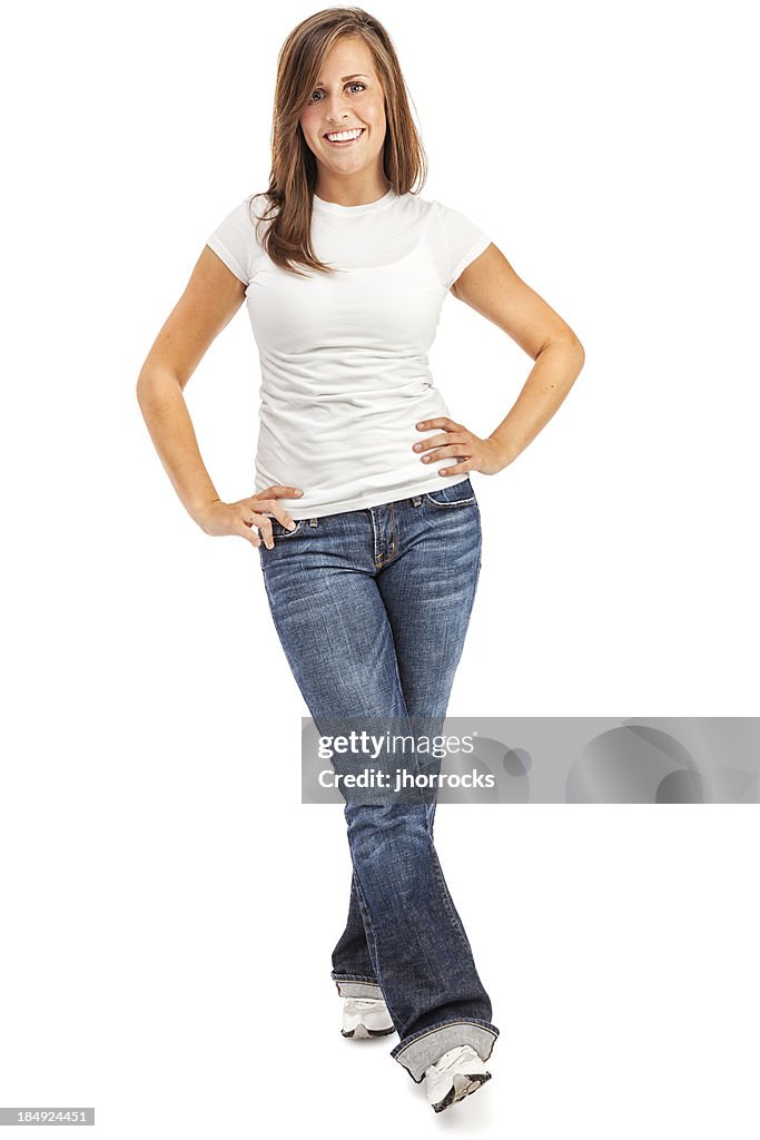 Casual Young Woman in White T-shirt and Blue Jeans