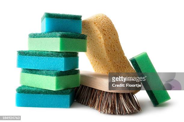 cleaning: sponges and brush isolated on white background - scrubbing brush stock pictures, royalty-free photos & images