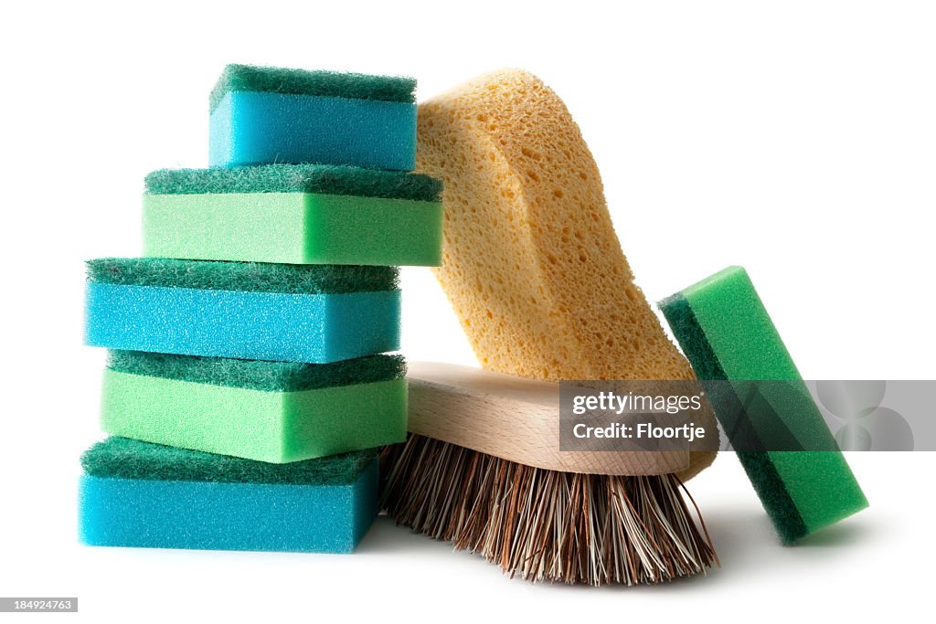 Cleaning: Sponges and Brush Isolated on White Background