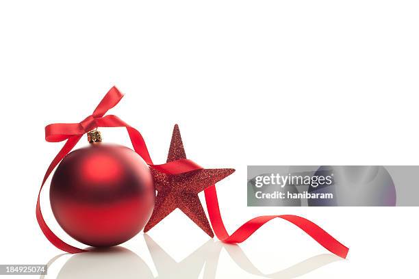 graphic of red christmas ornament, ribbon and star - gold ribbon stock pictures, royalty-free photos & images