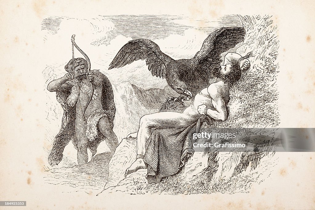 Engraving of Heracles liberating Prometheus