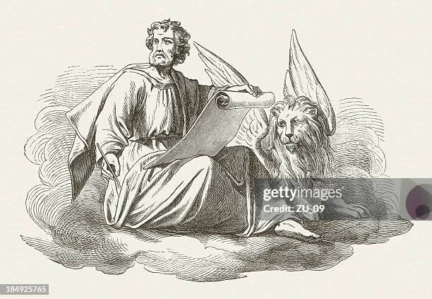 bildbanksillustrationer, clip art samt tecknat material och ikoner med mark the evangelist, wood engraving, published in 1877 - evangelisten markus