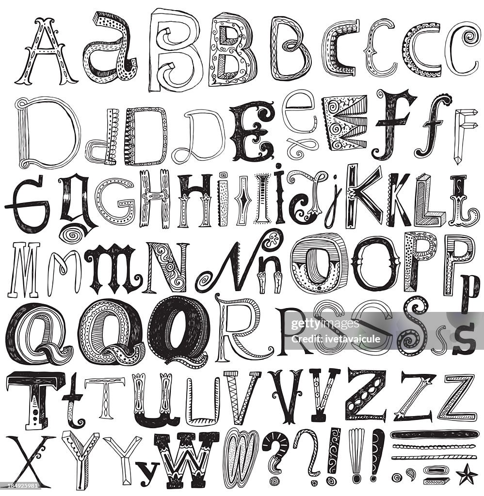 Creative hand drawn alphabet isolated on white