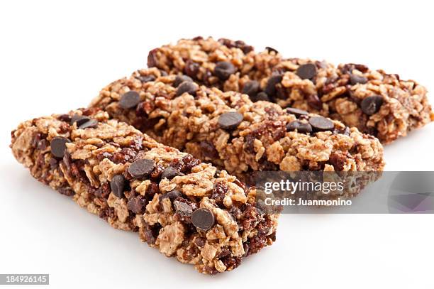 chewy granola bars - chocolate chip cookie on white stock pictures, royalty-free photos & images