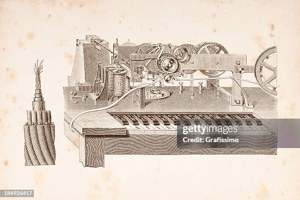 gravieren telegraph und kabel 1877 - telegraph machine stock-grafiken, -clipart, -cartoons und -symbole