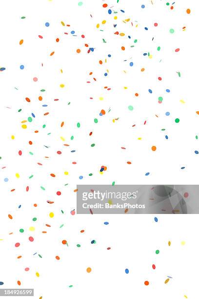 falling round paper confetti on white - confeti stock pictures, royalty-free photos & images